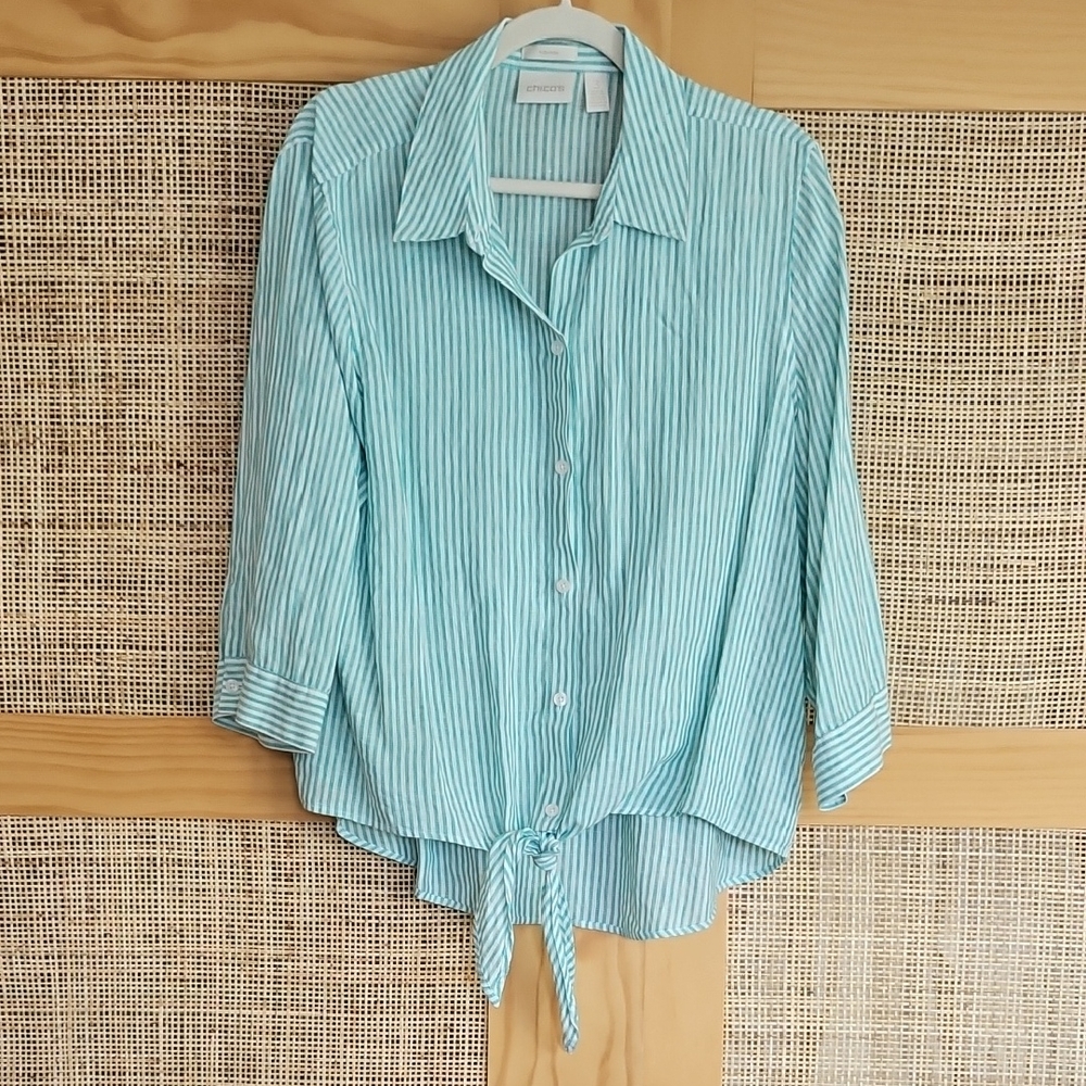 Chico's No Iron Linen Striped Tie Front Button-Down Shirt Sz 3 (US Sz 16)